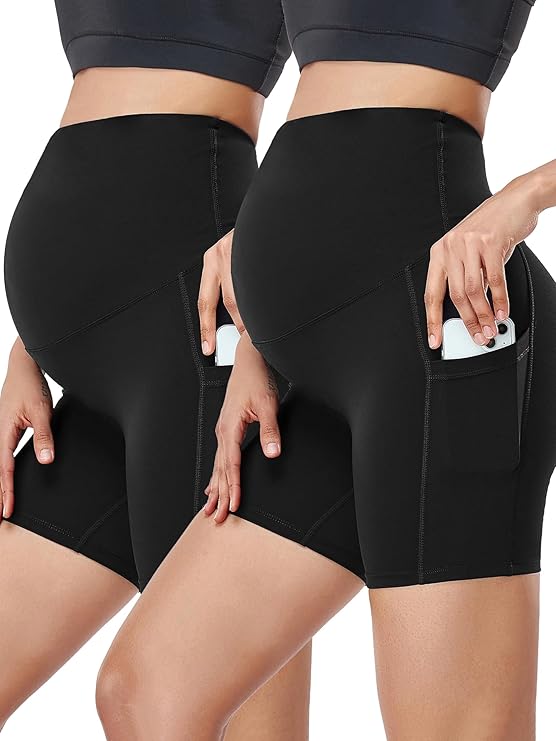 HOFISH Women's Maternity Yoga Shorts Over The Belly Active Summer Running Workout Pants Shorts Pockets