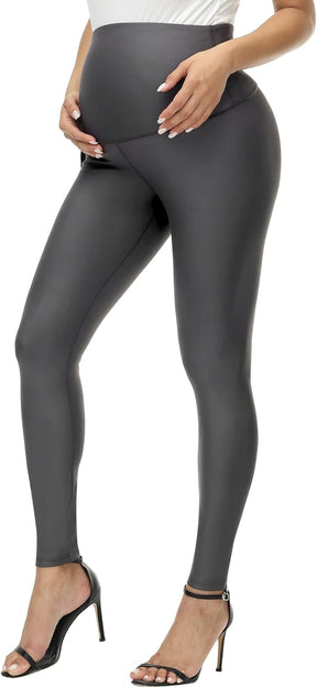 HOFISH Faux Leather Maternity Leggings for Women Over The Belly High Waist Pregnancy Yoga Workout Pants