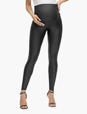 HOFISH Faux Leather Maternity Leggings for Women Over The Belly High Waist Pregnancy Yoga Workout Pants