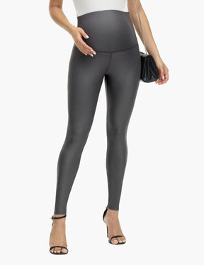 HOFISH Faux Leather Maternity Leggings for Women Over The Belly High Waist Pregnancy Yoga Workout Pants