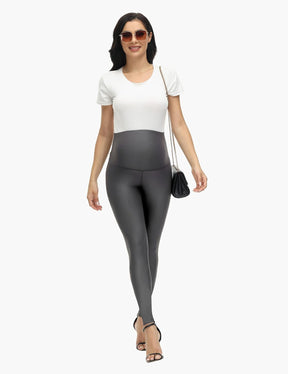 HOFISH Faux Leather Maternity Leggings for Women Over The Belly High Waist Pregnancy Yoga Workout Pants