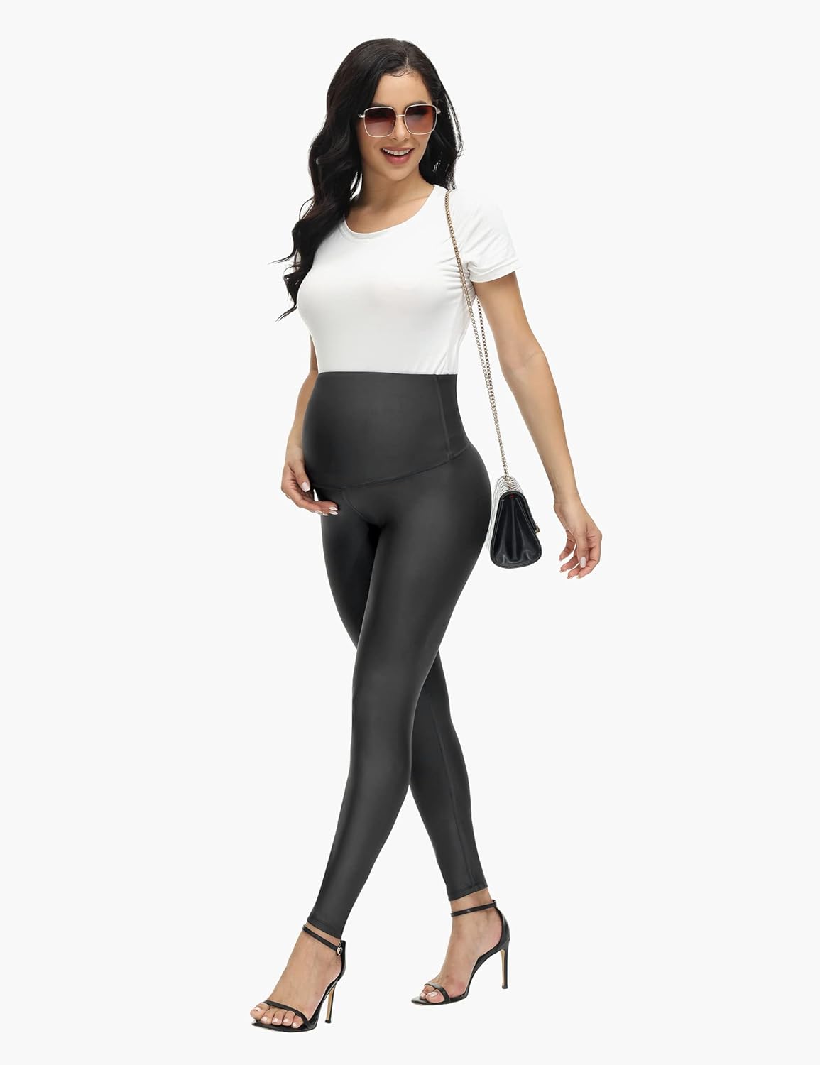 HOFISH Faux Leather Maternity Leggings for Women Over The Belly High Waist Pregnancy Yoga Workout Pants
